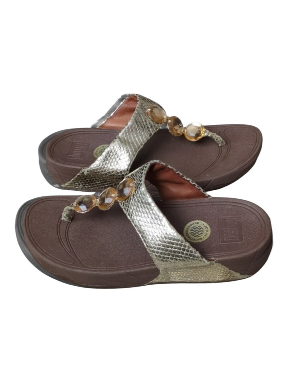 FitFlop Petra Sugar Jeweled Gold Snake Toe Post Platform Sandals Women's Size 8